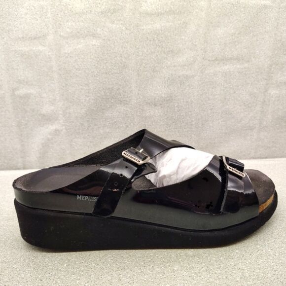 Mephisto Black Patent Strappy Wedge Heel Sandals Sz 9 Shoes - Picture 10 of 16